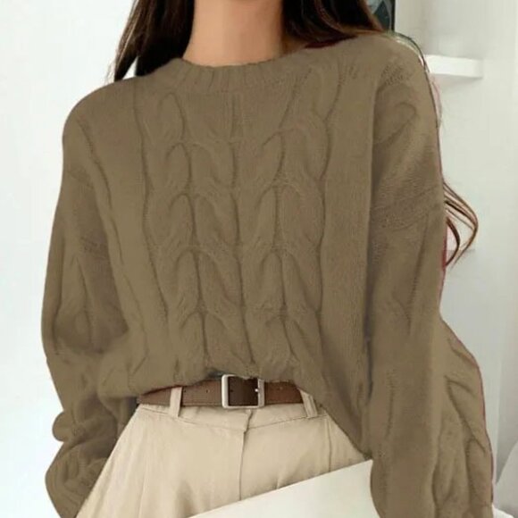 COFFEE COLOR ONE SIZE FITS ALL CREW RIB FISHERMAN/CABLE KNIT OVERSIZED SWEATER - Picture 1 of 1